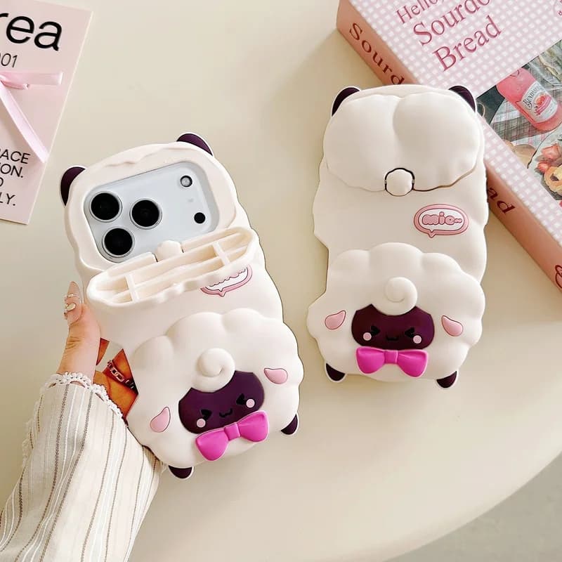 Cute 3D Cartoon Sheep Silicone Phone Case For iPhone 18 17 16 Plus 16e 15 14 13 12 Pro Max Soft Stand Holder Flip Cover