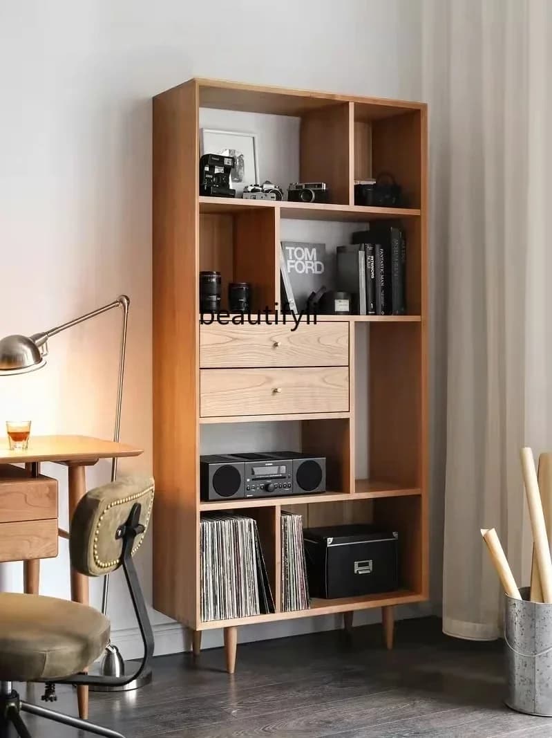 K185 Nordic Solid Wood Floor Display Bookcase Japanese Simple Ash Shelf Display Cabinet Office Study Bookshelf