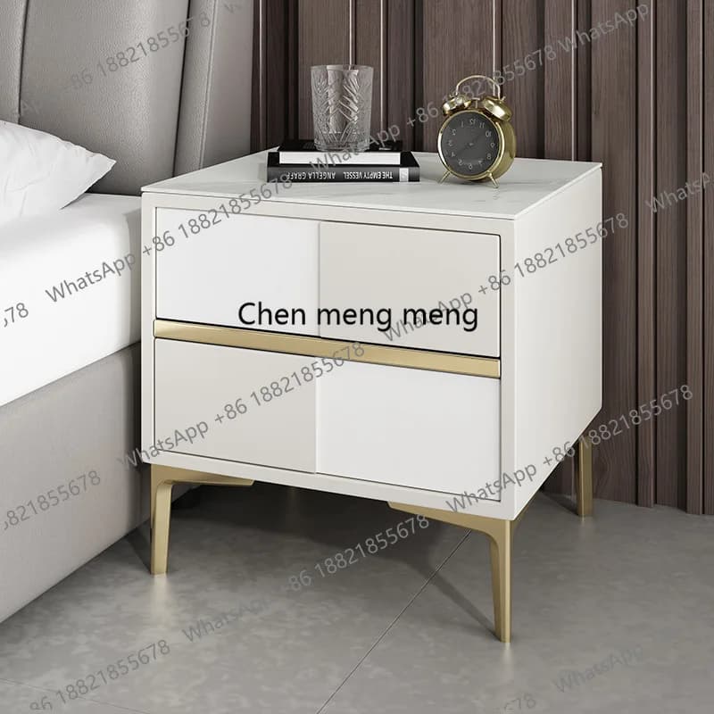 Simple solid wood rock slab bedside cabinet bedroom locker microfiber leather stainless steel titanium tripod