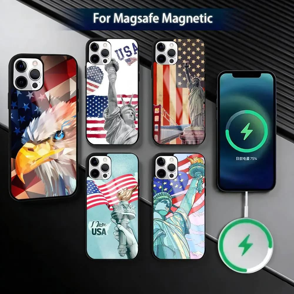 America USA Flag Phone Case For iPhone17,16,15,14,13,12,11 Plus,Pro Magnetic with Magsafe Wireless Charging