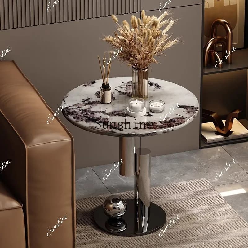 Italian light luxury supercrystalline stone stainless steel modern simple natural design round small coffee table  FT