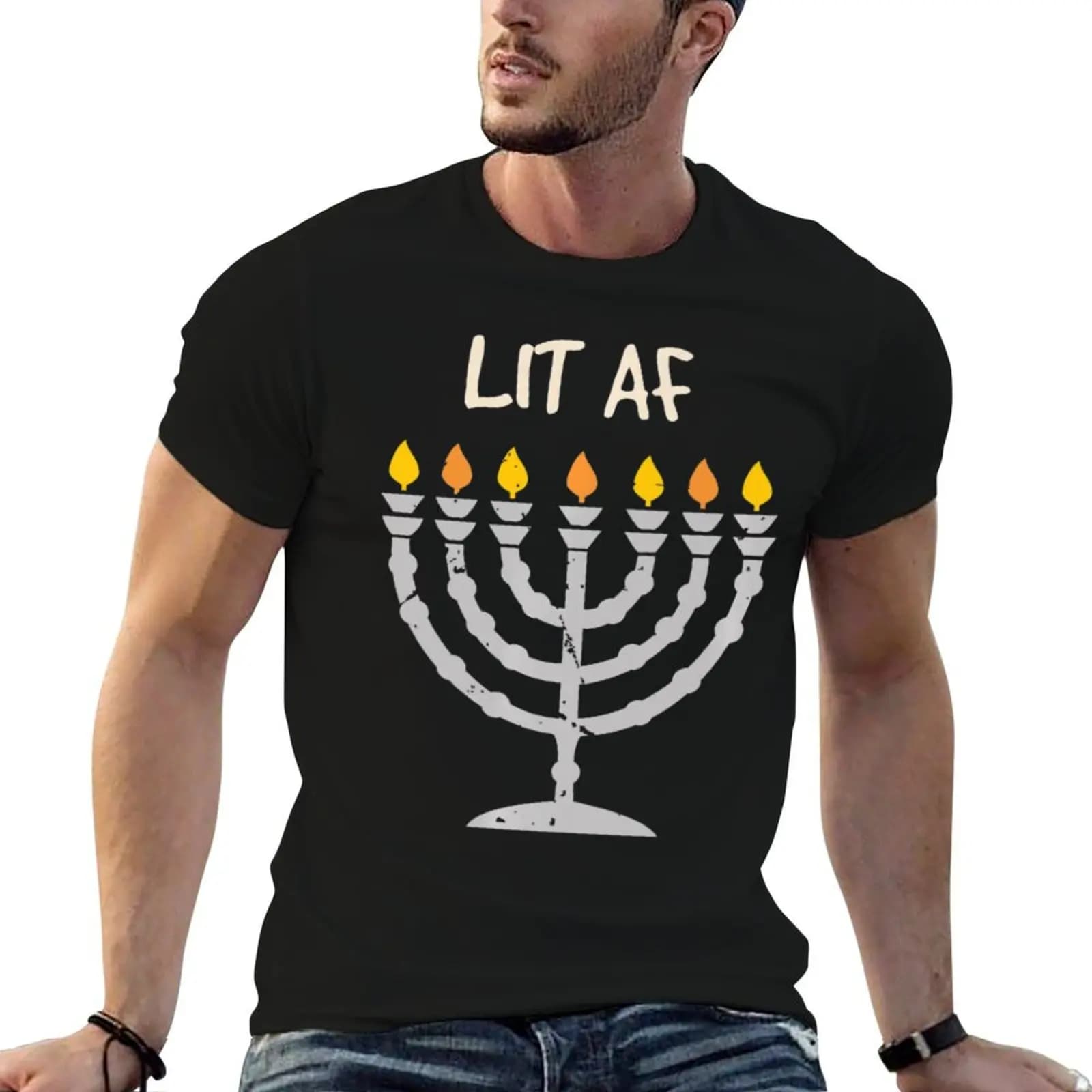 Funny Chanukah Menorah Lets Get Lit Af T-Shirt Simple Casual Short Sleeve Tee