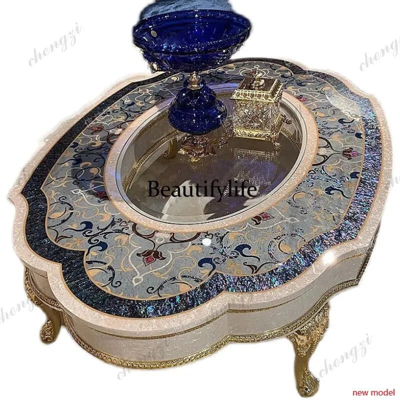 h178French solid wood, parquet oval tea table luxury European court coffee table villa living room household tea table