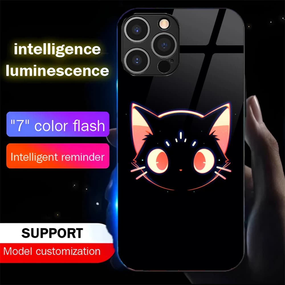 Lovely Cartoon Black Cat Design Led Light Up Flashing Phone Case For iPhone Air 17 16 E 15 14 13 12 11 Pro Max XR Plus SE