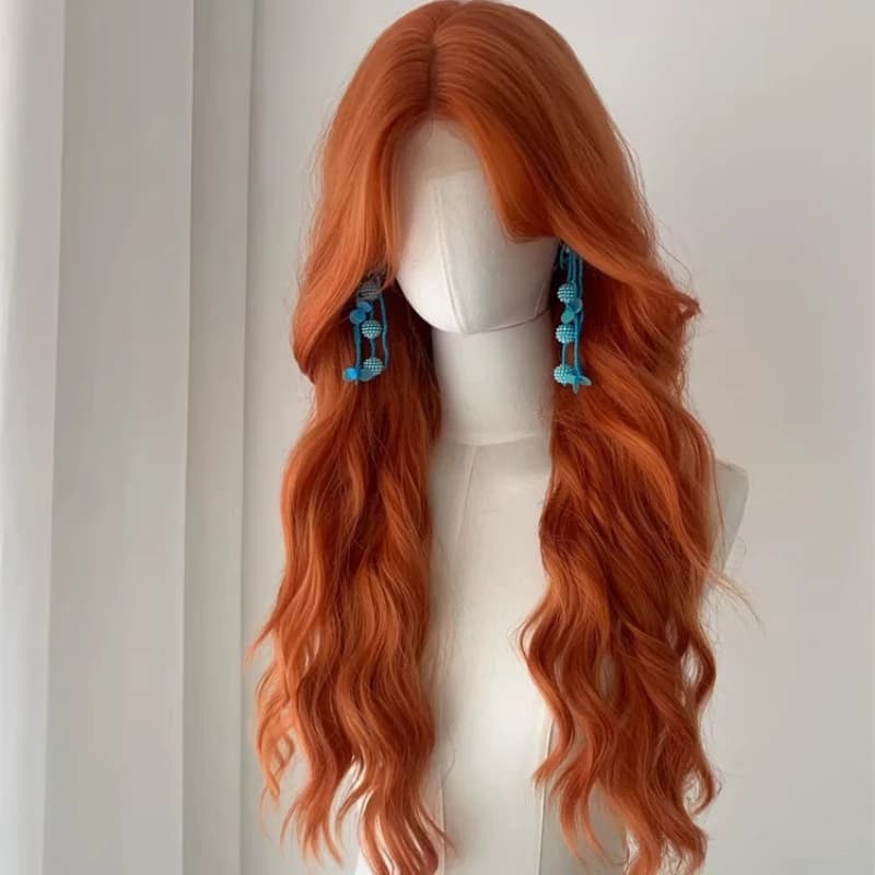 Orange wig female full headgear water ripple long curly hair front lace eight-character bangs universal cos