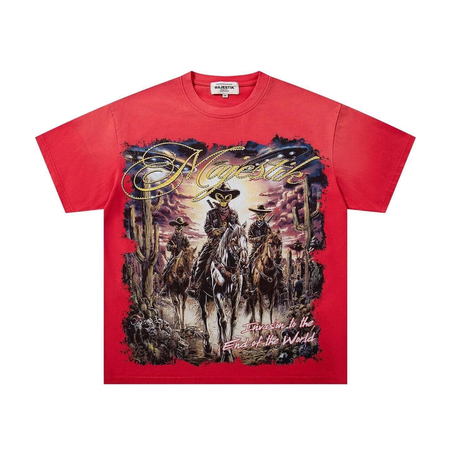 MAJESTIK Hip-Hop Street Alien Print Loose Retro Beaded Antique Short-Sleeved T-Shirt for Men and Women - Summer