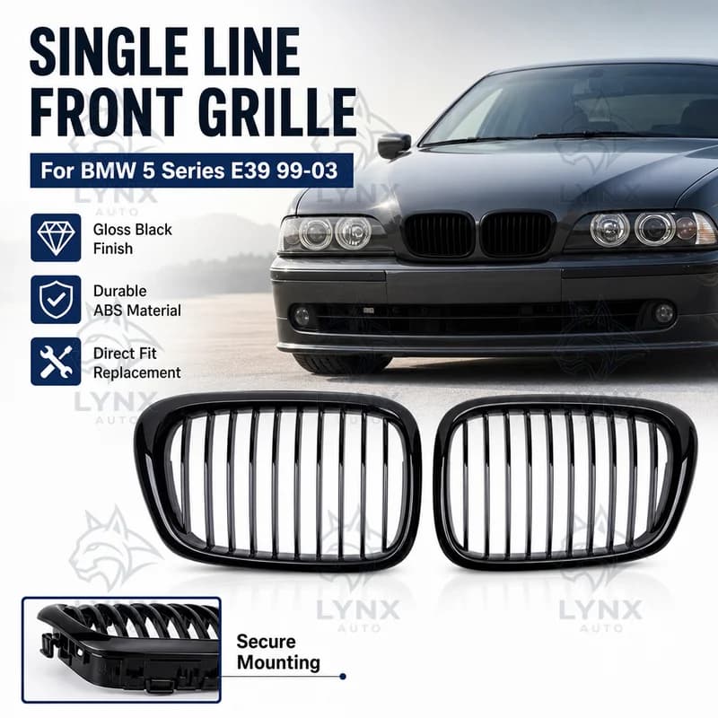 For BMW 5 Series E39 99-03 Single Line Gloss Black Front Grille Air Intake Grille Performance Replacement Tuning