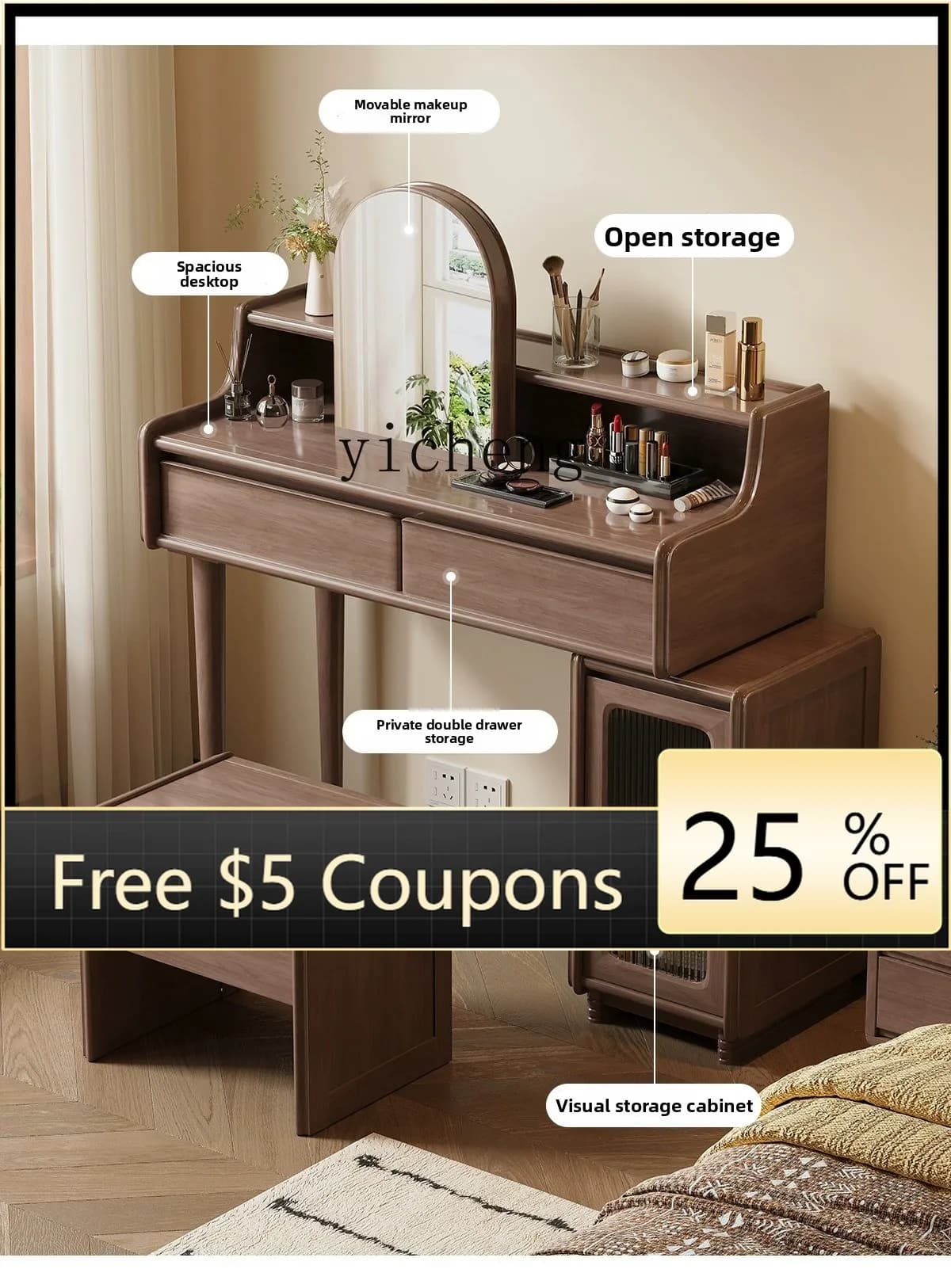 ABB Walnut Dressing Table for Home Use, Small Apartment Bedroom with Mirror, Makeup Stool, Makeup Table