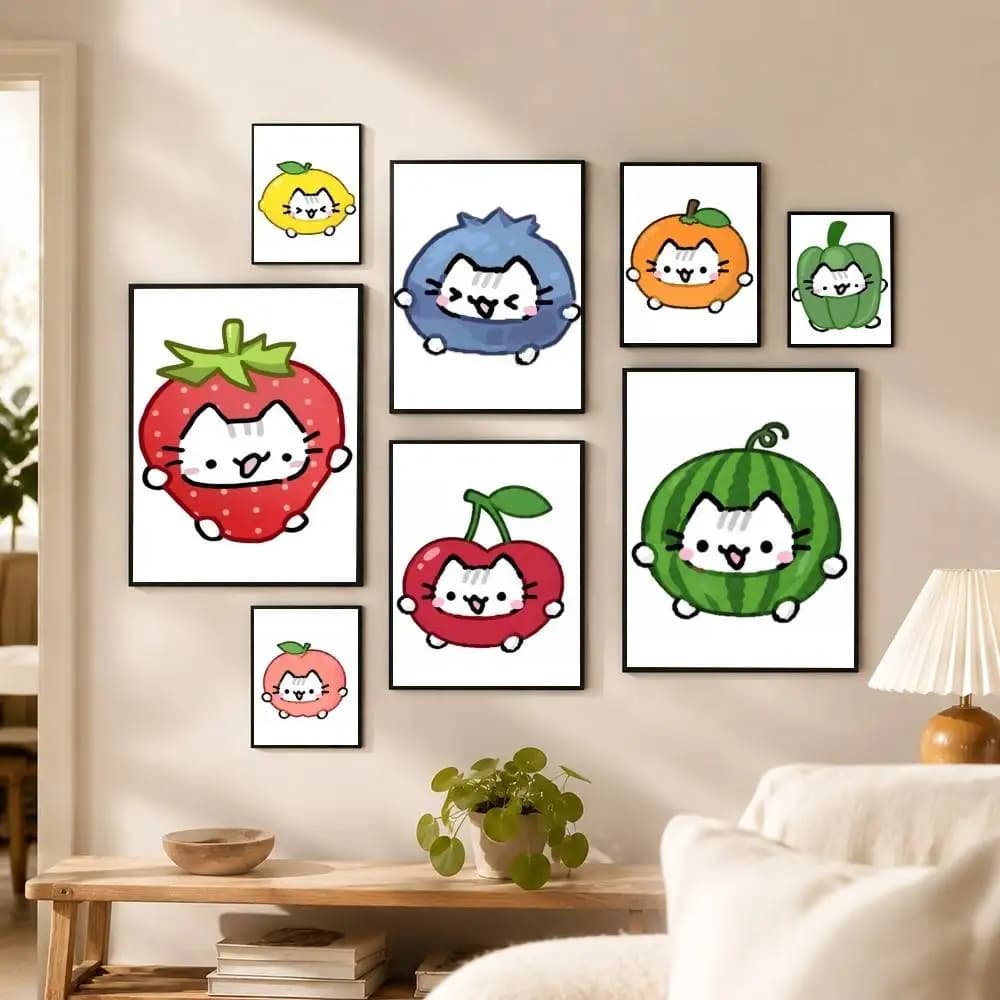Fruit B-Bongo Cute Cat  Poster Waterproof Wall Art Sticker For Bar Living Room Vintage Decor High Quality Print Gift