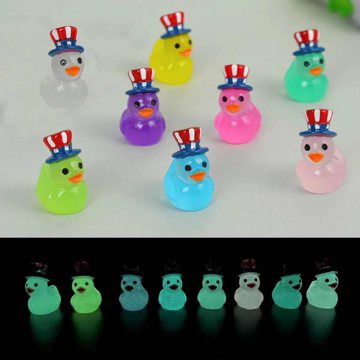 5/10PCS Mini Ducks with Magic Hat Glow in The Night Miniatures Duck Home Decor Desk Decorative Figurines Micro Landscape