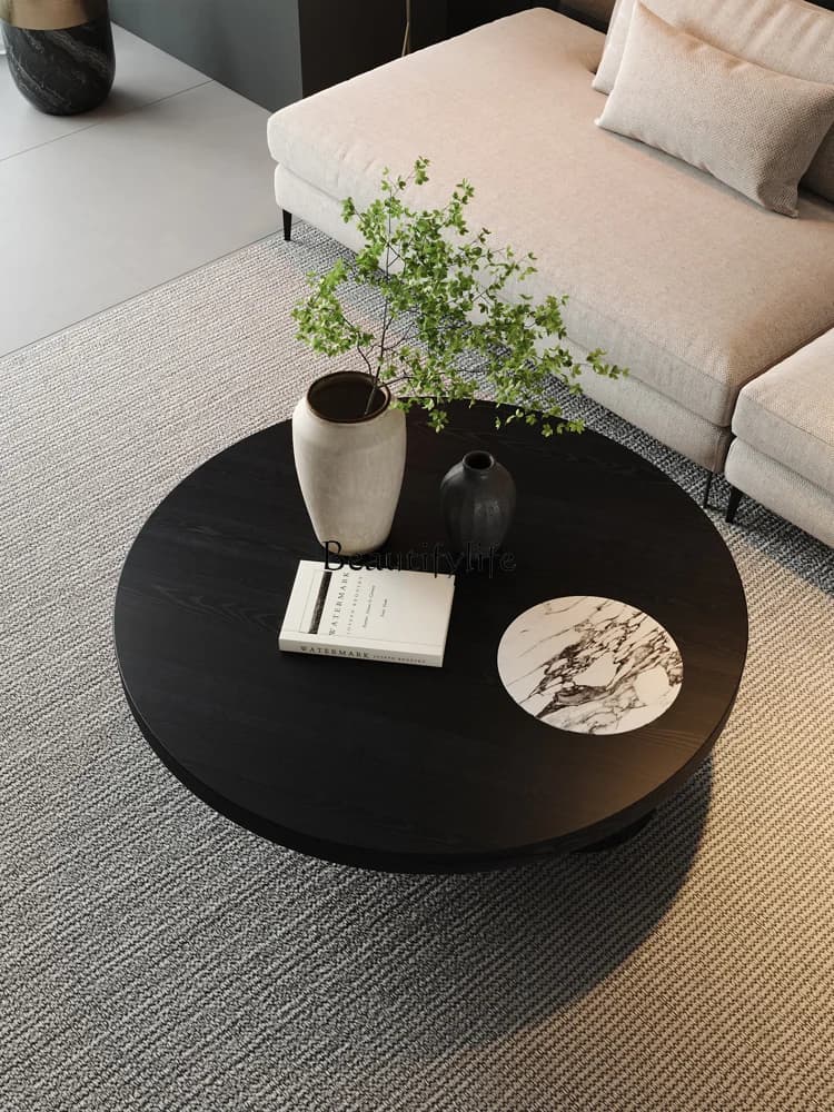 03.Japanese medieval coffee table, round solid wood retro natural marble coffee table