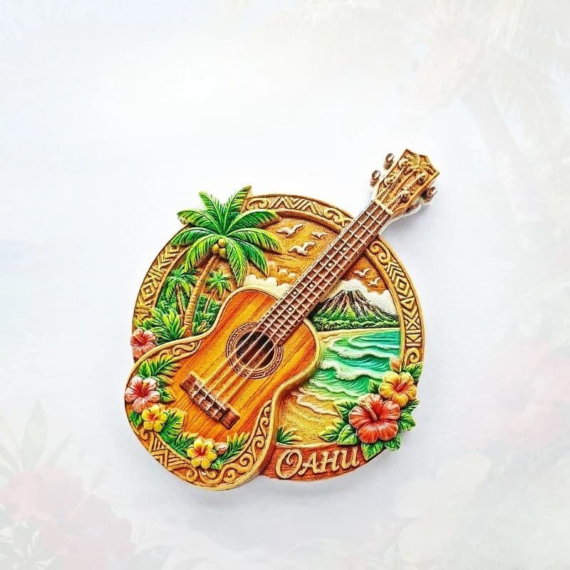 Oahu Guitar Fridge Magnet - Melodic 3D Hawaiian Souvenir Unique Pacific Island Gift for Travel & Music Decor