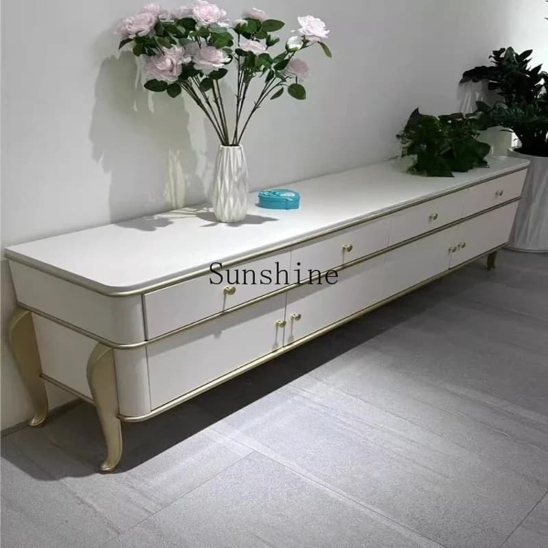 French cream style living room small apartment floor cabinet light luxury all solid wood audio-visual cabinet
