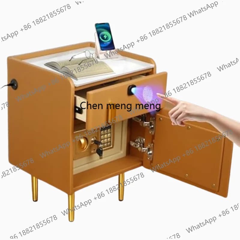 Smart Nightstand with Hidden Safe and Fingerprint Locking Drawer Leather Marble Tabletop for Bedroom Modern USB Charging Orange