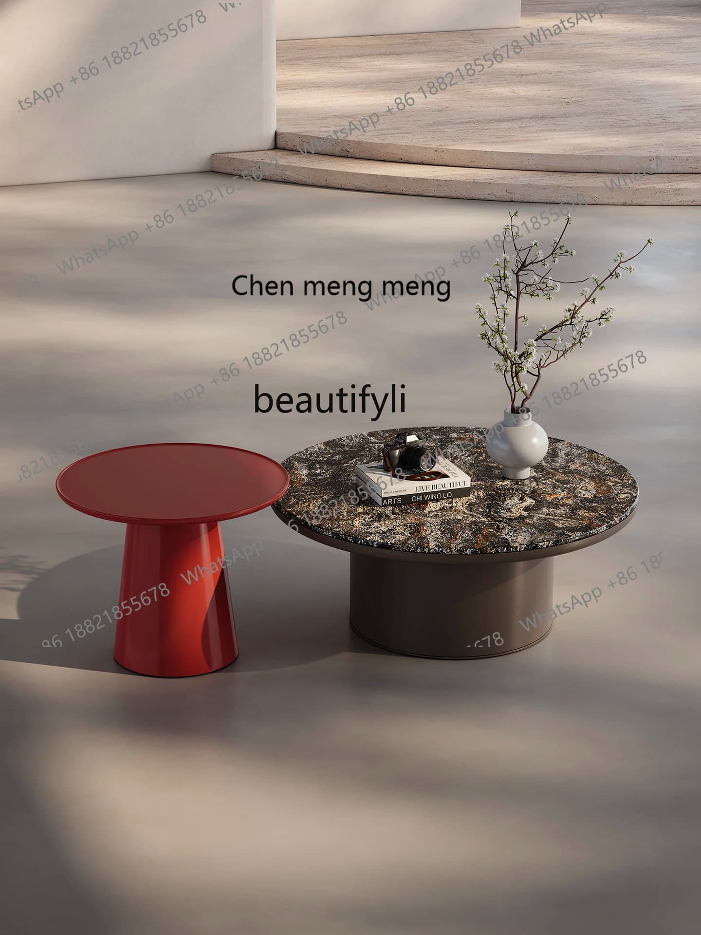 X  Minimalist round coffee table combination, small apartment living room home paint luxury stone round coffee table advanced se