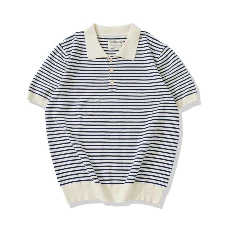 New Amekaji Thick French Casual Lapel Knitted Striped T-shirt Vintage Navy Pinstripe Lapel POLO Shirt 100% Cotton Short-sleeved