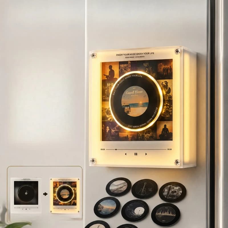Creative magnetic music refrigerator sticker NFC induction record player audio rotating disc playing song album player ambient