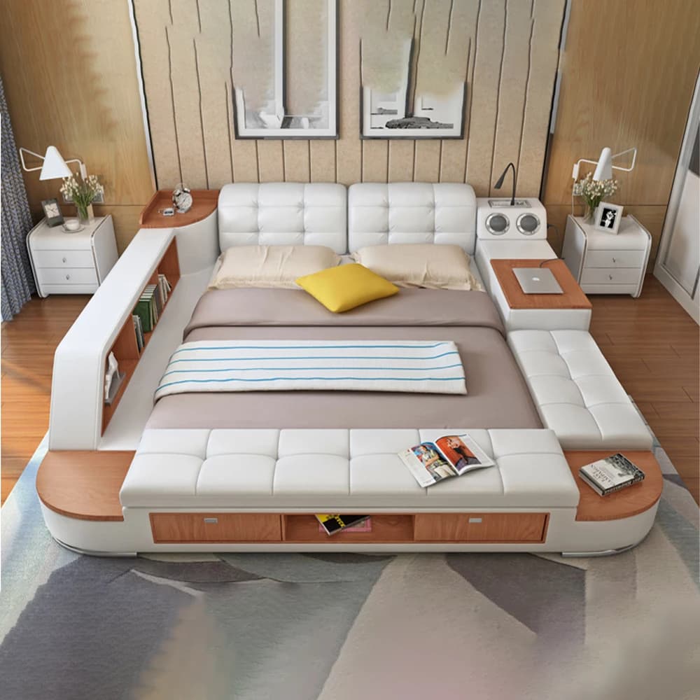 MANBAS Luxury Genuine Leather Multifunctional Bed with Storage, Modern Upholstered Platform Bed Frame for Bedroom Home Furniture