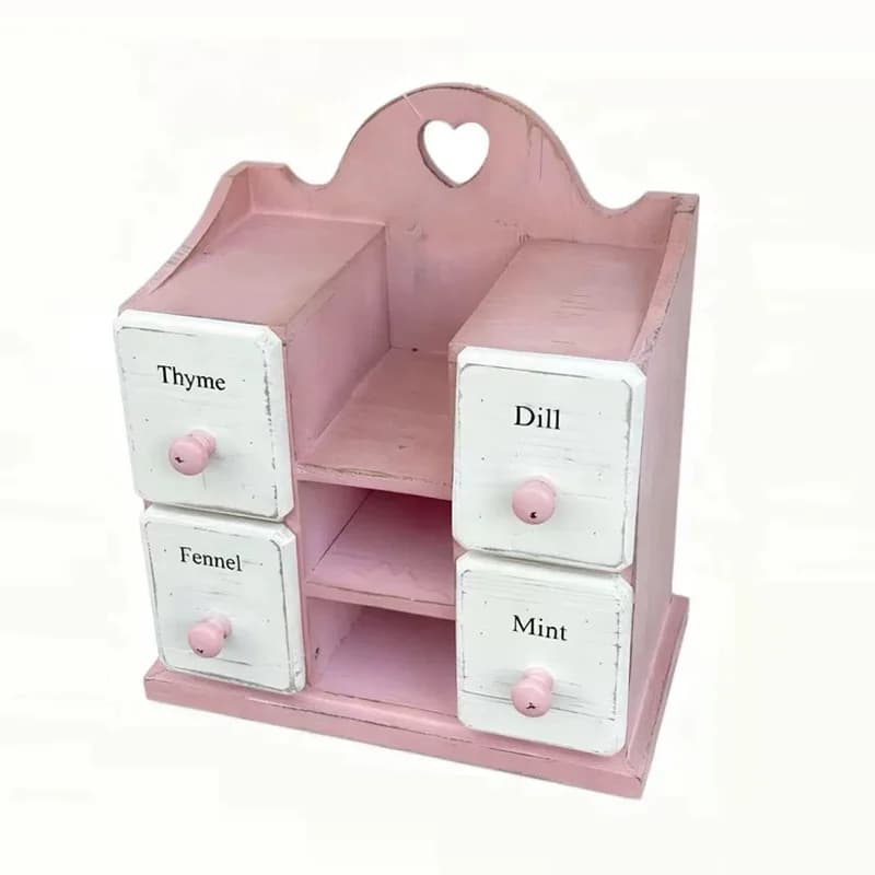 Vintage Style Herb Theme Storage Cabinet, Pink Wooden Wall Mount Organizer with 4 Drawers, Heart-Shaped Decorative Design