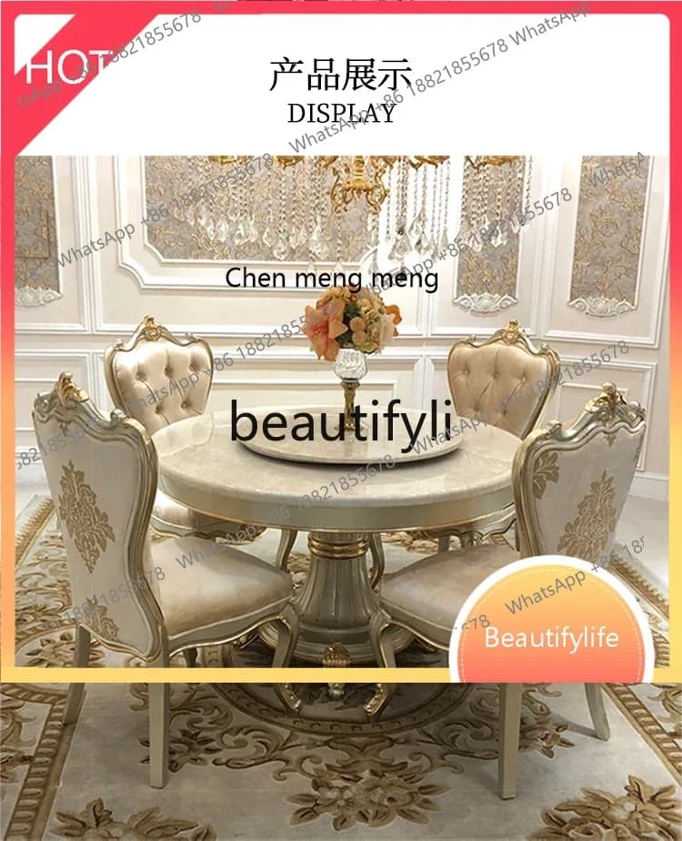 cqy French Luxury Dining Table and Chair Combination Court Marble Round Dining Table Restaurant with Turntable