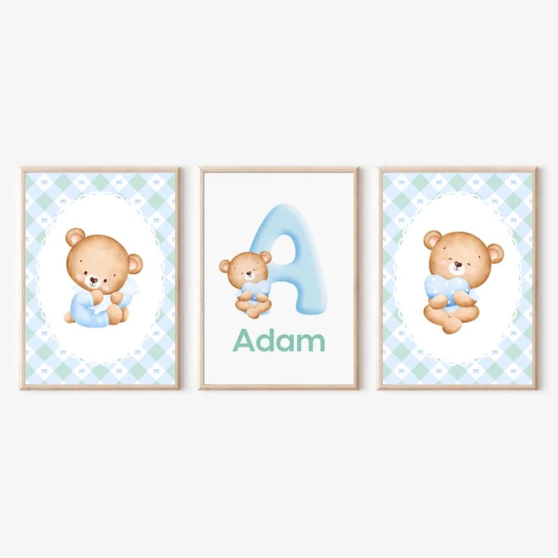 Customized Wall Posters and Prints Nursery Art Teddy Bear Name Personalized Canvas Paintings for Baby Kids Bedroom Decor 3 Pcs