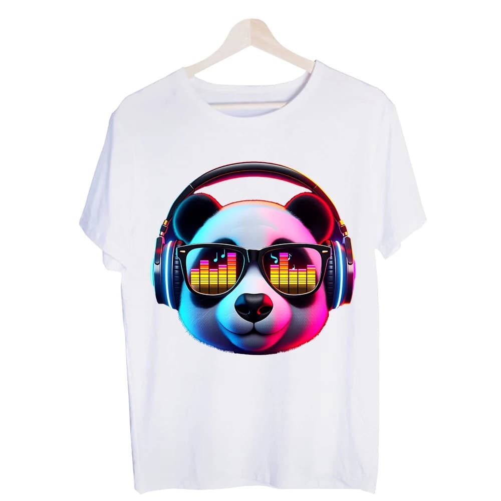 Men's Panda with Headphones Graphic Tee, Short Sleeve Crew Neck T-Shirt for Music Festival and Casual Streetwear