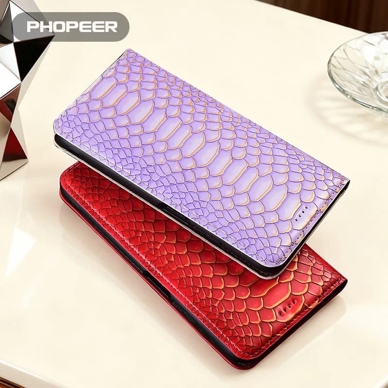 Genuine Leather Case for Redmi  Note 11 Pro 9S Pro Max 8 Pro 8T 7 Pro 6 5 Pro Flip Phone Case Python pattern