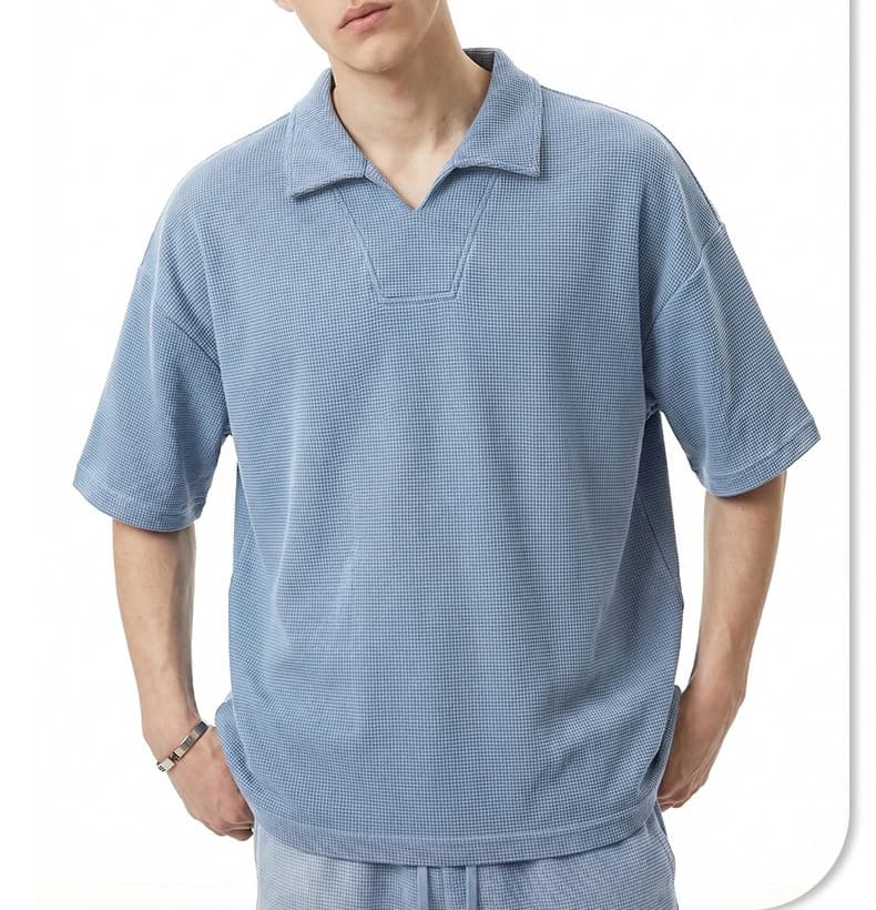 290G Heavy Diamond Pattern Waffle Short Sleeve 2026 Summer Small V-neck Casual Lapel T-shirt Men