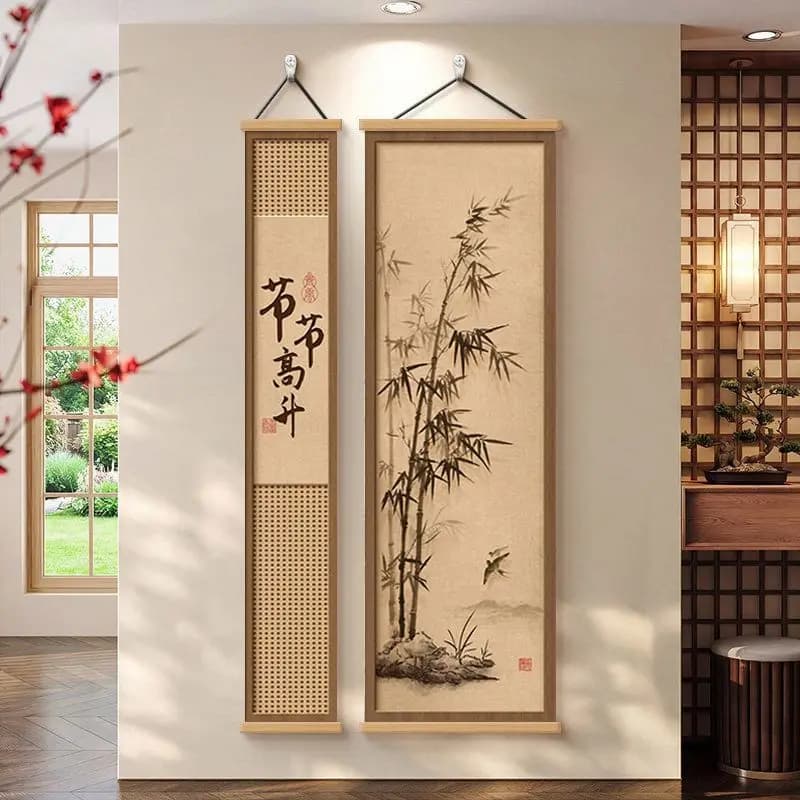 Dopamine Detox Wall Art – Zen Bamboo​ Scroll Set, Wabi Sabi Japandi Decor for Mindful Living Room & Tea House Sanctuary