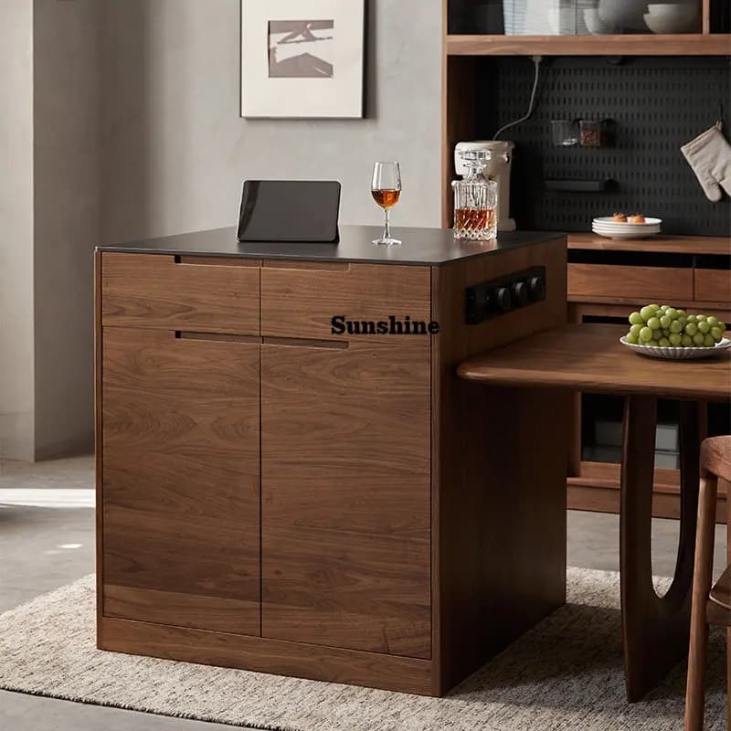 Solid wood island dining table integrated household multi-functional rock slab dining side cabinet