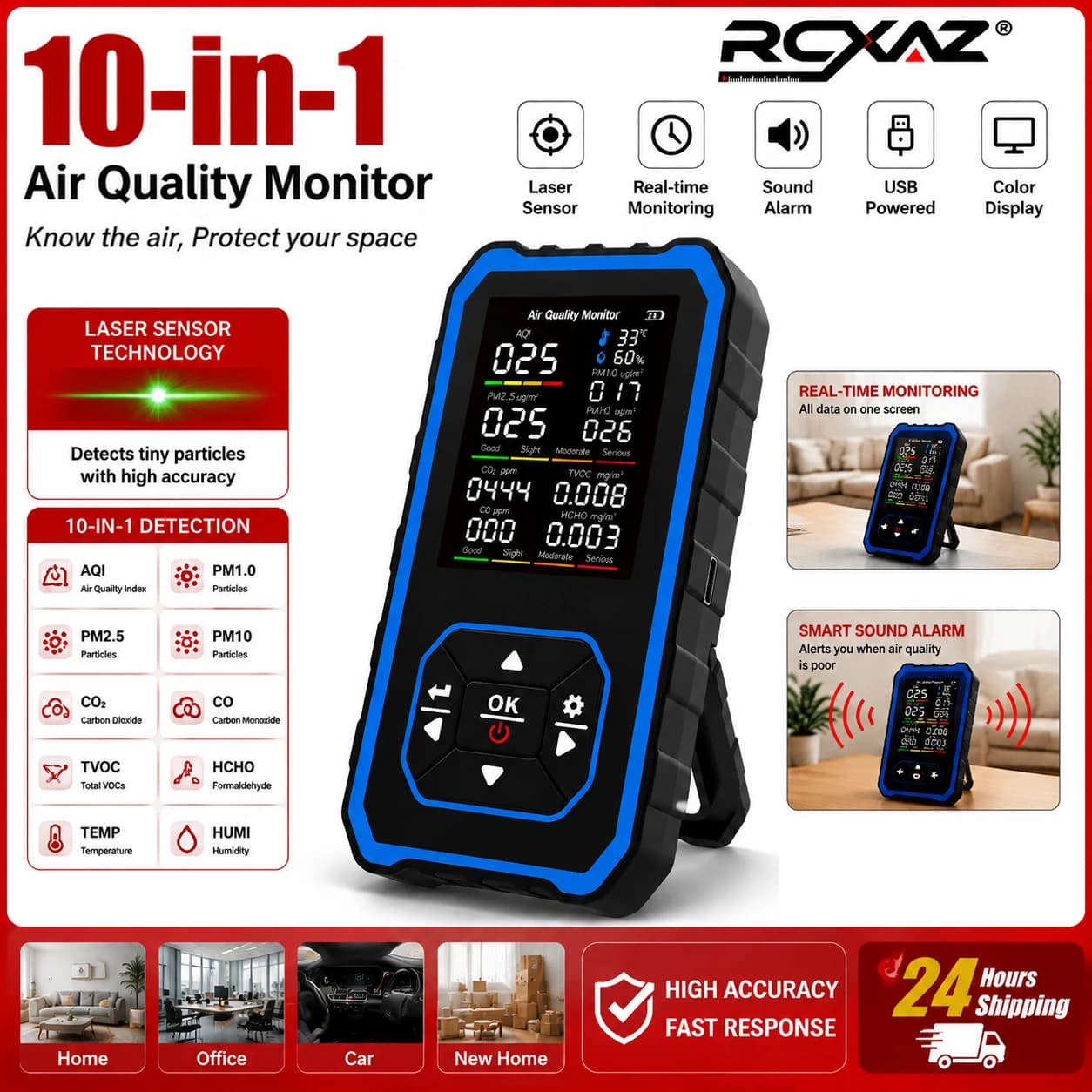 RCXAZ 10-in-1 Air Quality Monitor Portable PM2.5 CO2 HCHO TVOC Laser Sensor Indoor Detector with Temp&Hum Display for Home Offic