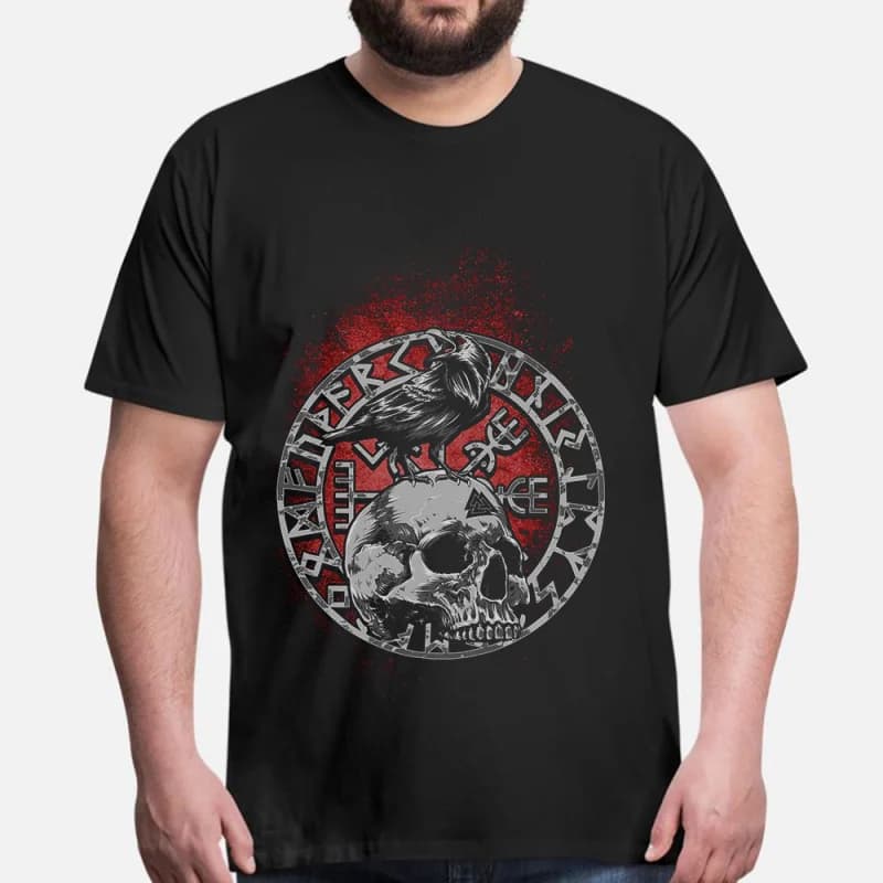Raven Skull Viking Runes Gift t shirt Short Sleeve Print Tee Norse Mythology Valhalla Graphic Clothes All size tops S-6XL