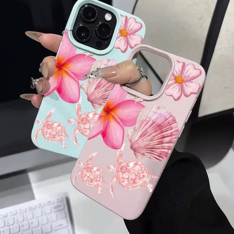 Pink Sea Turtle Hawaiian Flower Lichee Pattern Cover For iPhone 16 15 14 Plus Case For iPhone 16 15 14 13 12 11 Pro Max Case