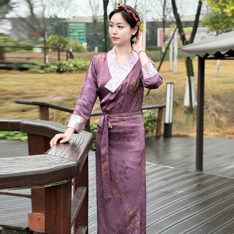 Women Tibetan Dress Summer Ethnic Style Bola Silk Robe Traditional Cultural Fashion Outfit Lightweight