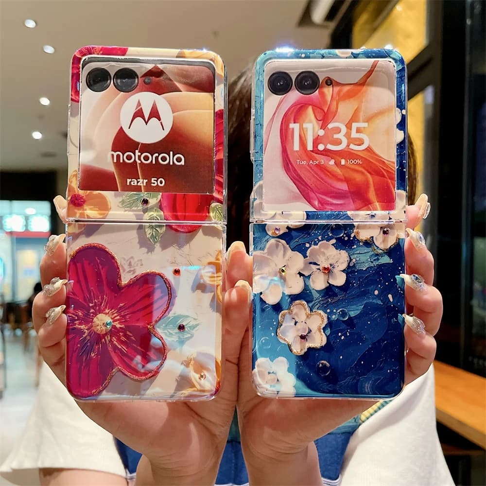For Motorola Moto Razr 70 60 Pro 50 Ultra Oil Painting Flower Phone Case Jewelled Protective PC Hard Shell Back Cover