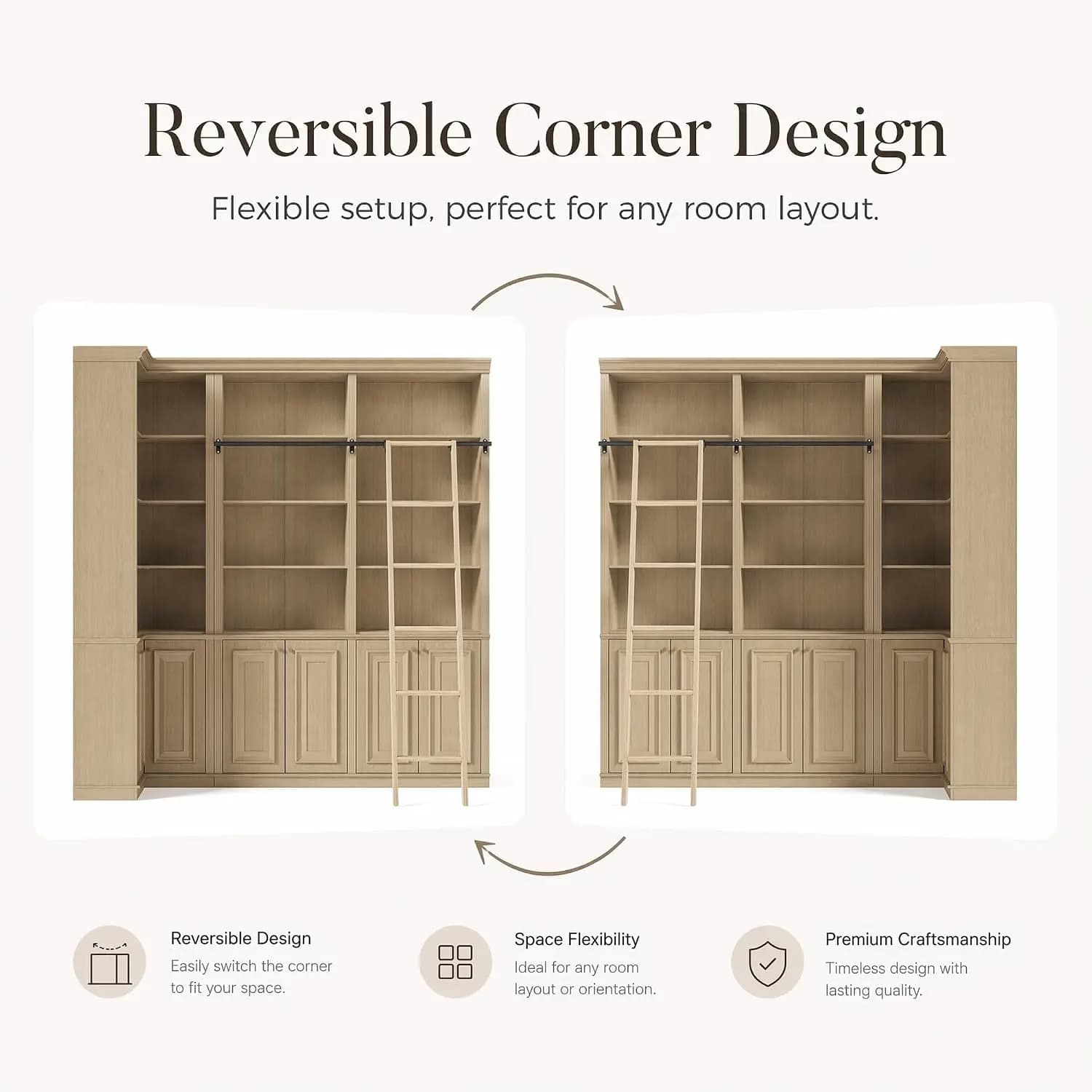 97.6" H Tall Bookshelf with Solid Wood Ladder, 6-Door Corner Cabinet
