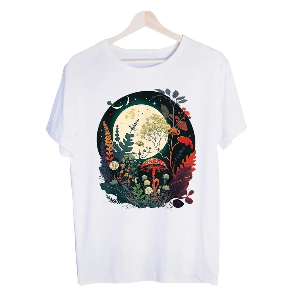 Men's Moonlit Forest Mushroom Graphic Tee, Short Sleeve Nature Art Print T-Shirt for Casual Daily Wear