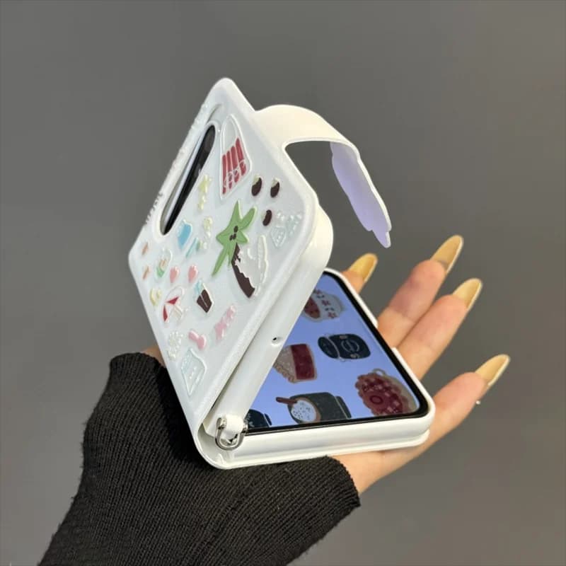 Book Style Phone Case for Honor Magic V Flip Case Cute White Leather Cover Cartoon Sticker Funda with Hand Strap