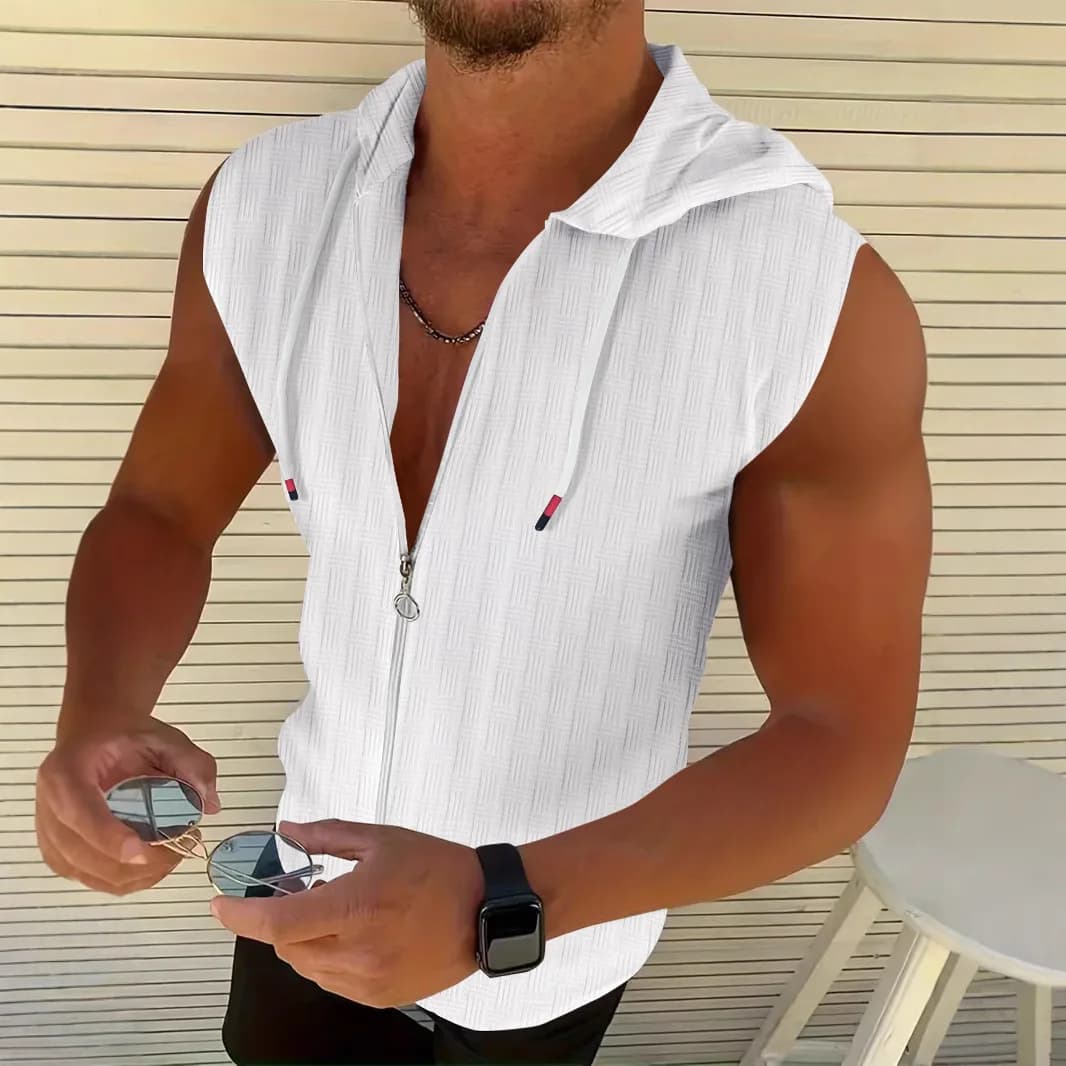 Men's T-Shirt Hooded Vest Casual Summer Solid-Color Jacquard Cardigan Zipper Drawstring Patterned Lightweight Tops