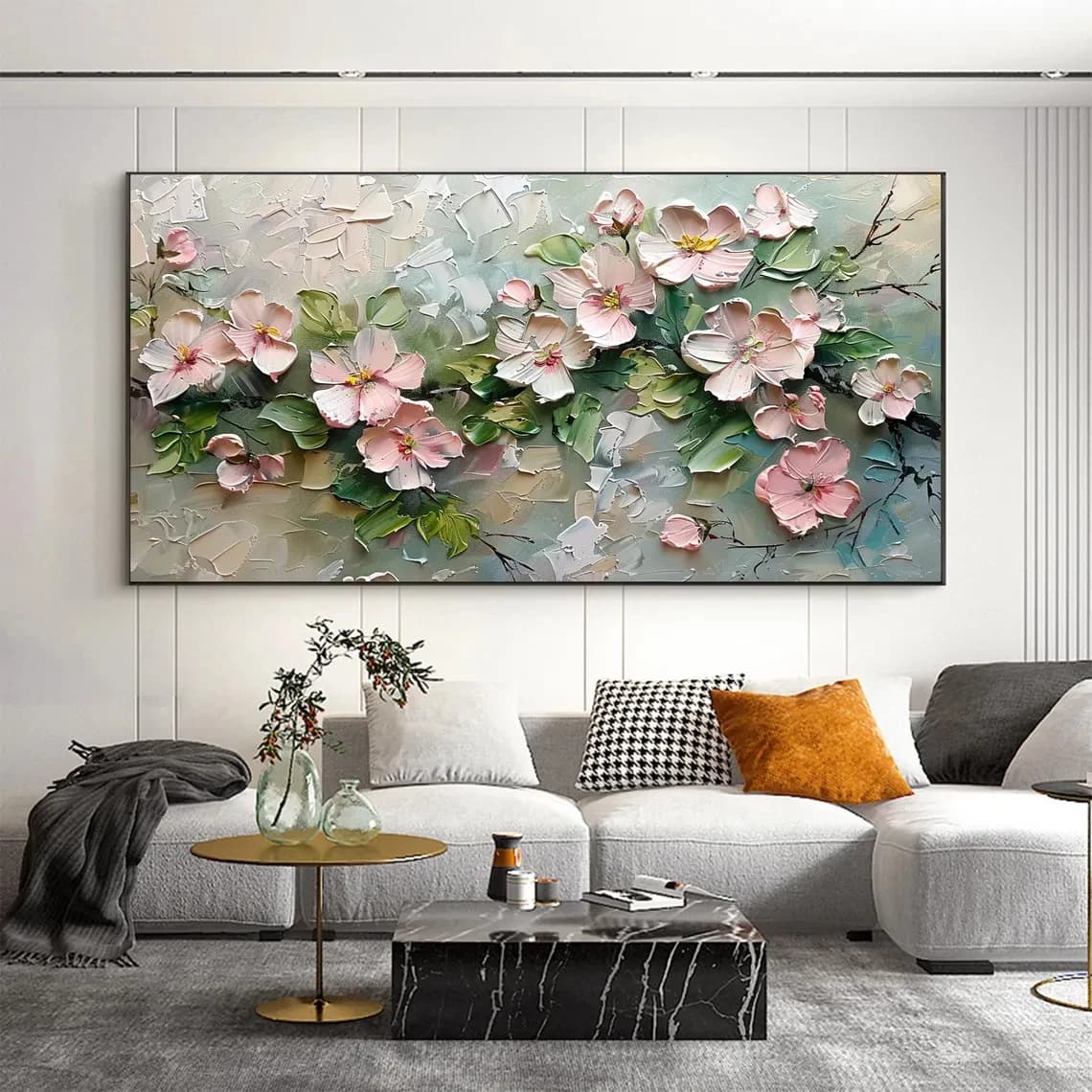Abstract Floral  Painting on Canvas, 2D Flat Flower Wall Art, Pastel Floral Artwork for Living Room Decor, No Framed Poster, Ho