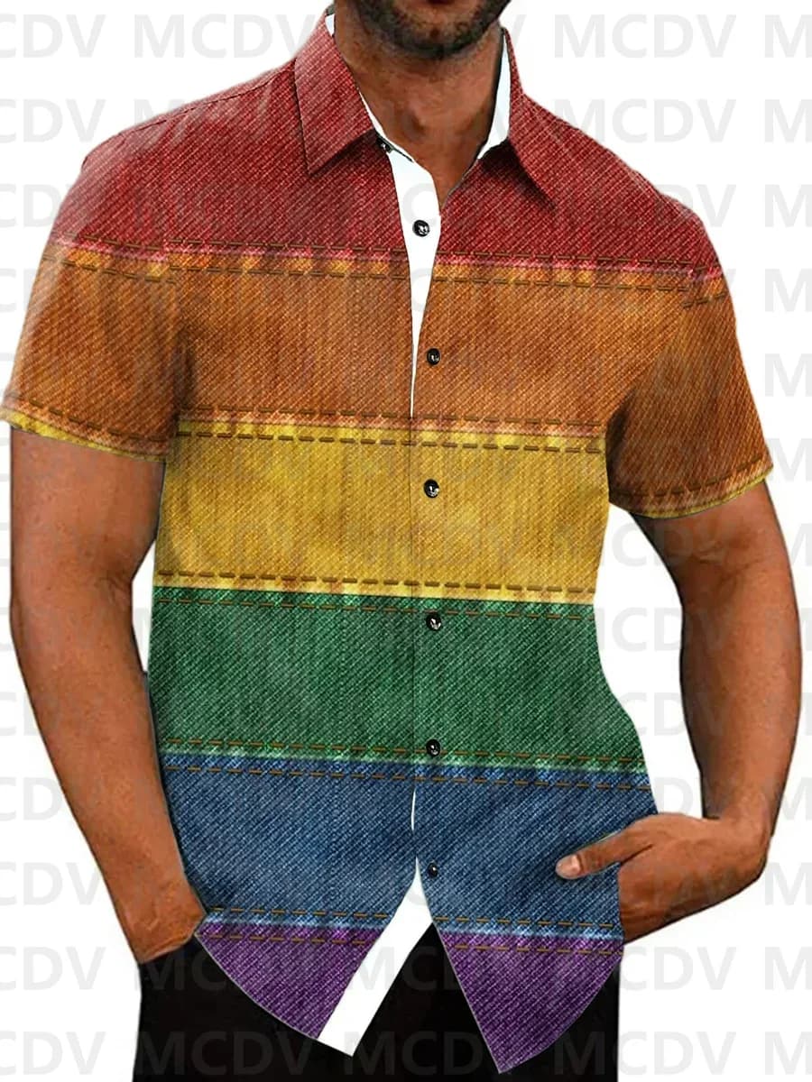 Men's Rainbow Stripe Print Casual Short Sleeve Shirt 3D Printed Men's Button Shirt Hawaiian Shirts