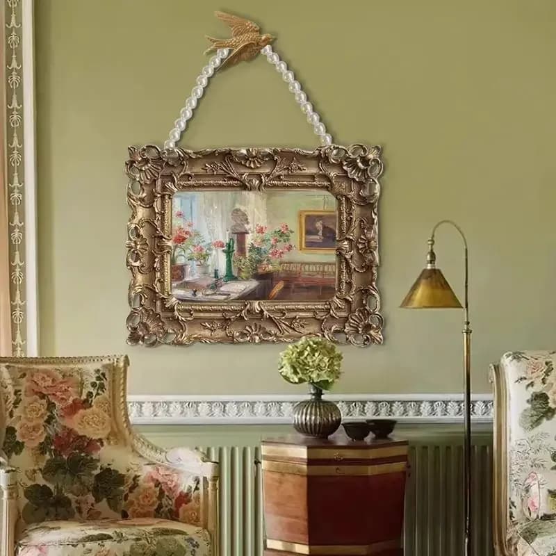 Premium European Vintage French Carved Pearl Necklace Swallow Wall Art Sets Niche Light Luxury Decor For Entryway Dining Bedroom