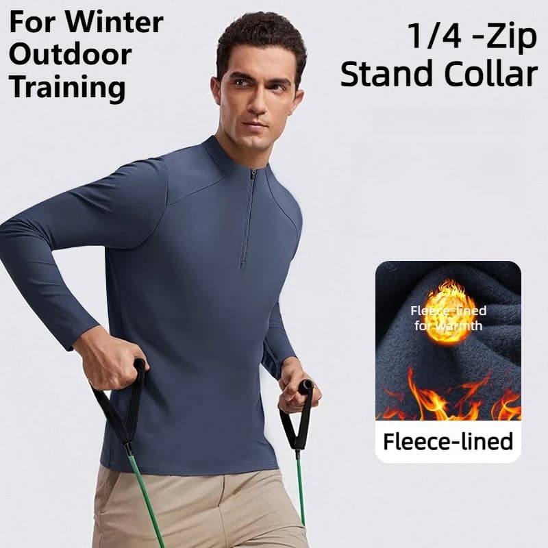 Men’s Winter Marathon Running Long Sleeve T-Shirt – Fleece Lined Thermal Training Top with Stand Collar 1/4 Zip Sports Pullover