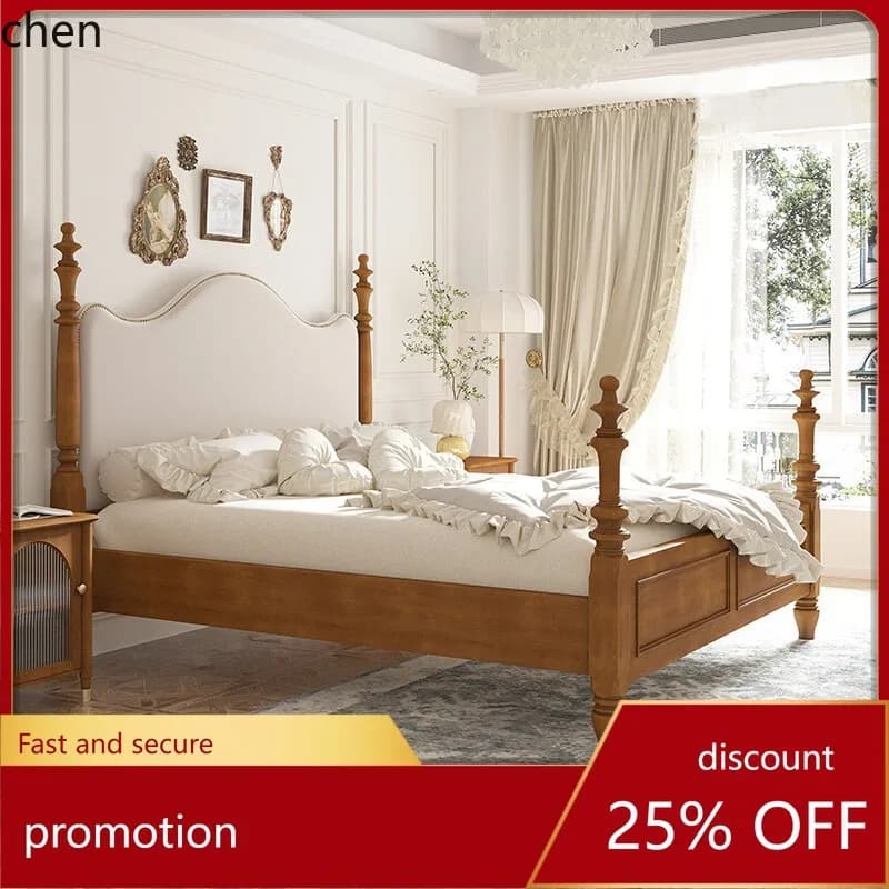 HT Solid Wood Bed Retro Leather Art Large Bed High Backrest Soft Upholstery Roman Column 1.8* Simple Wedding Bed
