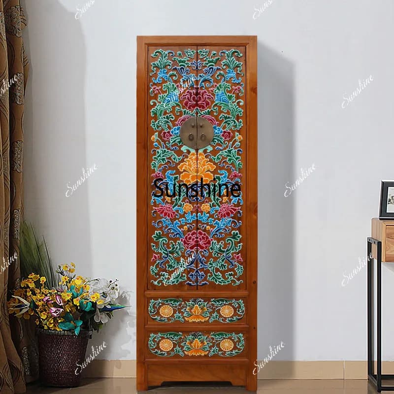 New Chinese solid wood wardrobe retro hand-painted carved painted high cabinet
