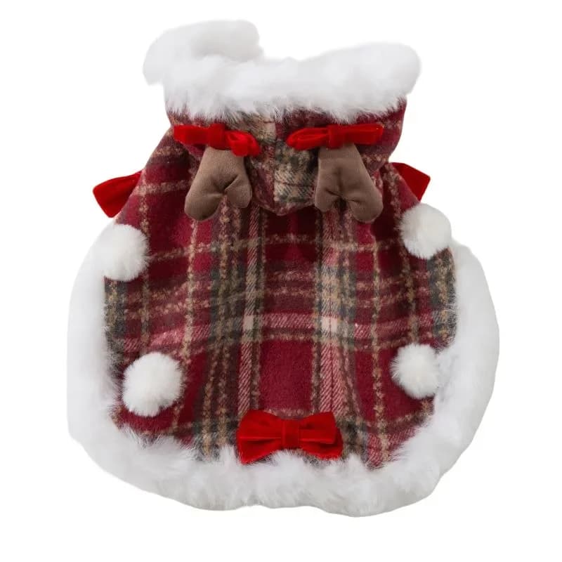 Pet Christmas cape autumn and winter warm dog clothes plaid traction cape hooded fleece puppy than bear teddy