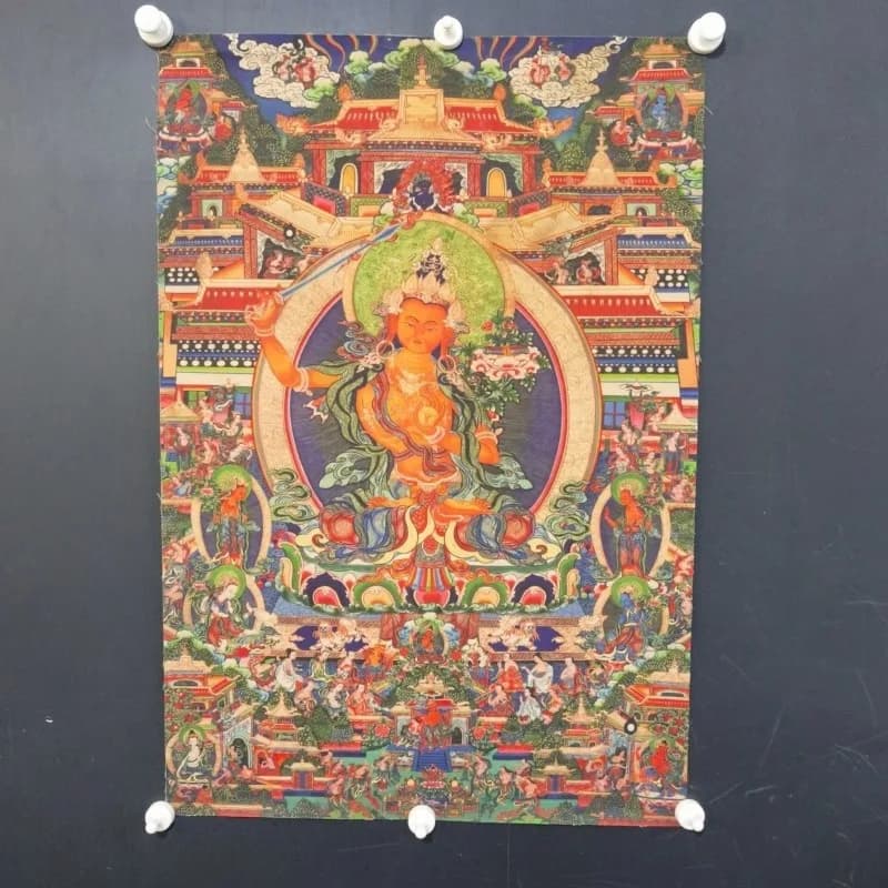 Manjushri Thangka  Tibetan Buddhist Wisdom Deity Silk Brocade Tapestry Traditional Wall Art for Altar Home Decor