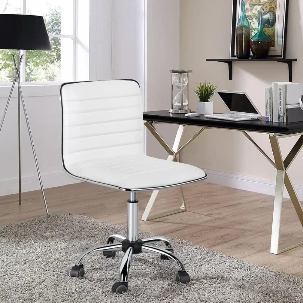 -Adjustable Task Chair PU Leather Low Back Ribbed Armless Swivel White Desk Chair Office Chair Wheels (Renewed)