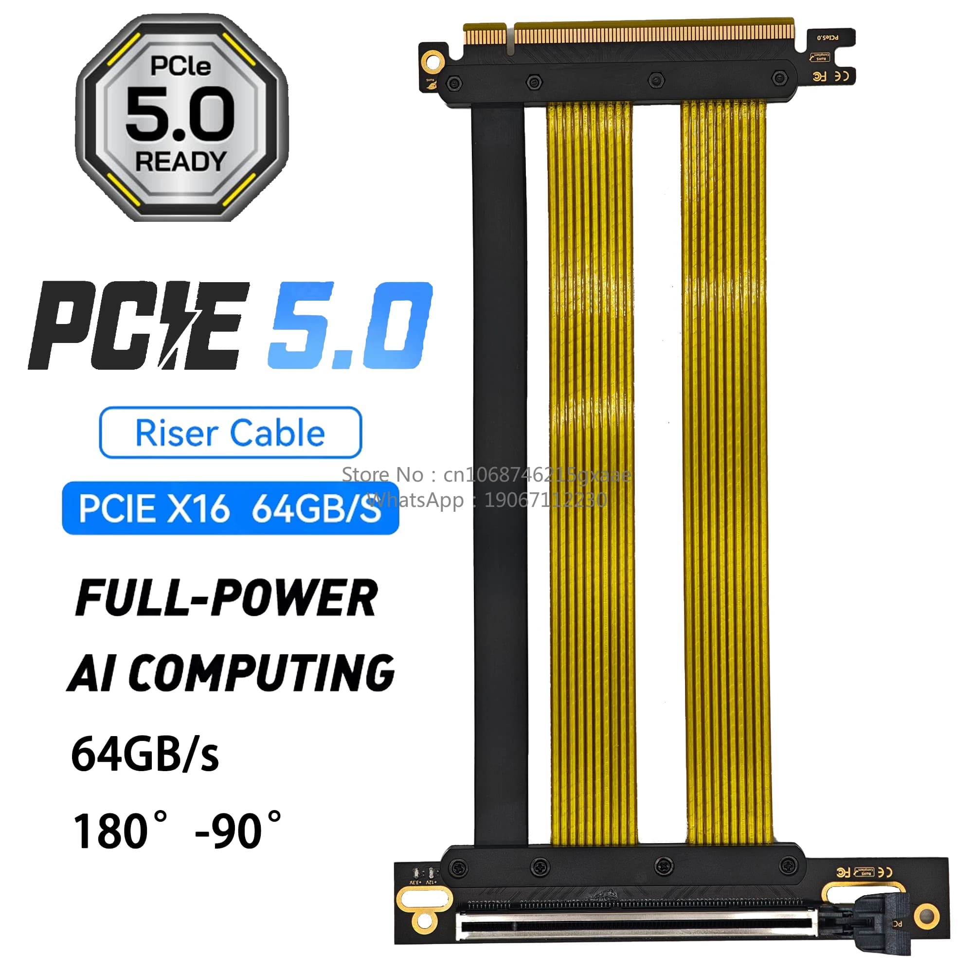 9-inch PCIe 5.0 x16 90-degree slot GPU riser cable for RTX4090 RX7900 supporting 64 GB/s and 180° to 90° bend with 4-pin ATX