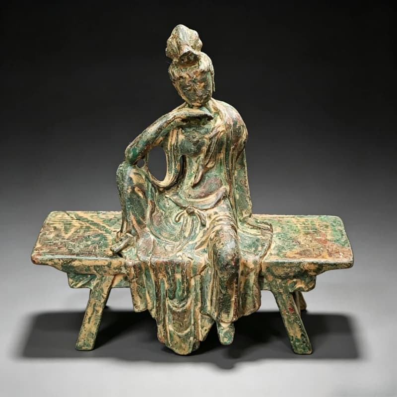 Antique Bench Sitting Guanyin Buddha Statue Tibetan Buddhism Kwan‑Yin Figurine Buddhism Home Altar Worship Decor